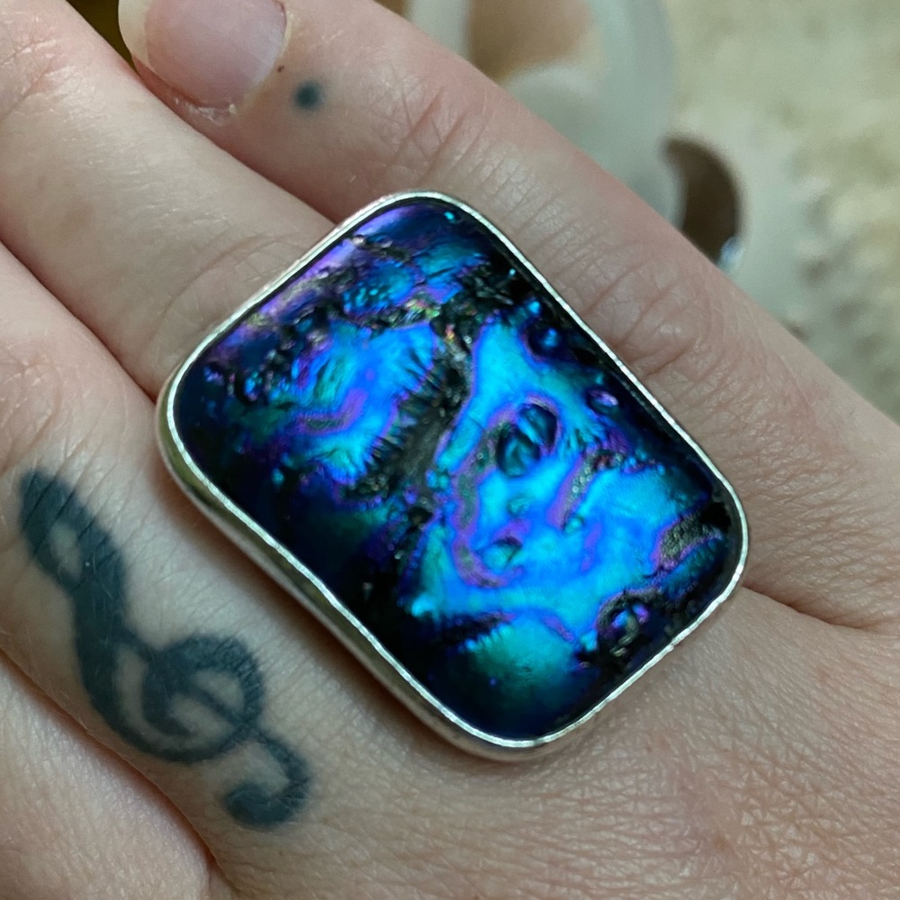 Dichroic glass statement ring, 925, one of a kind, size 7